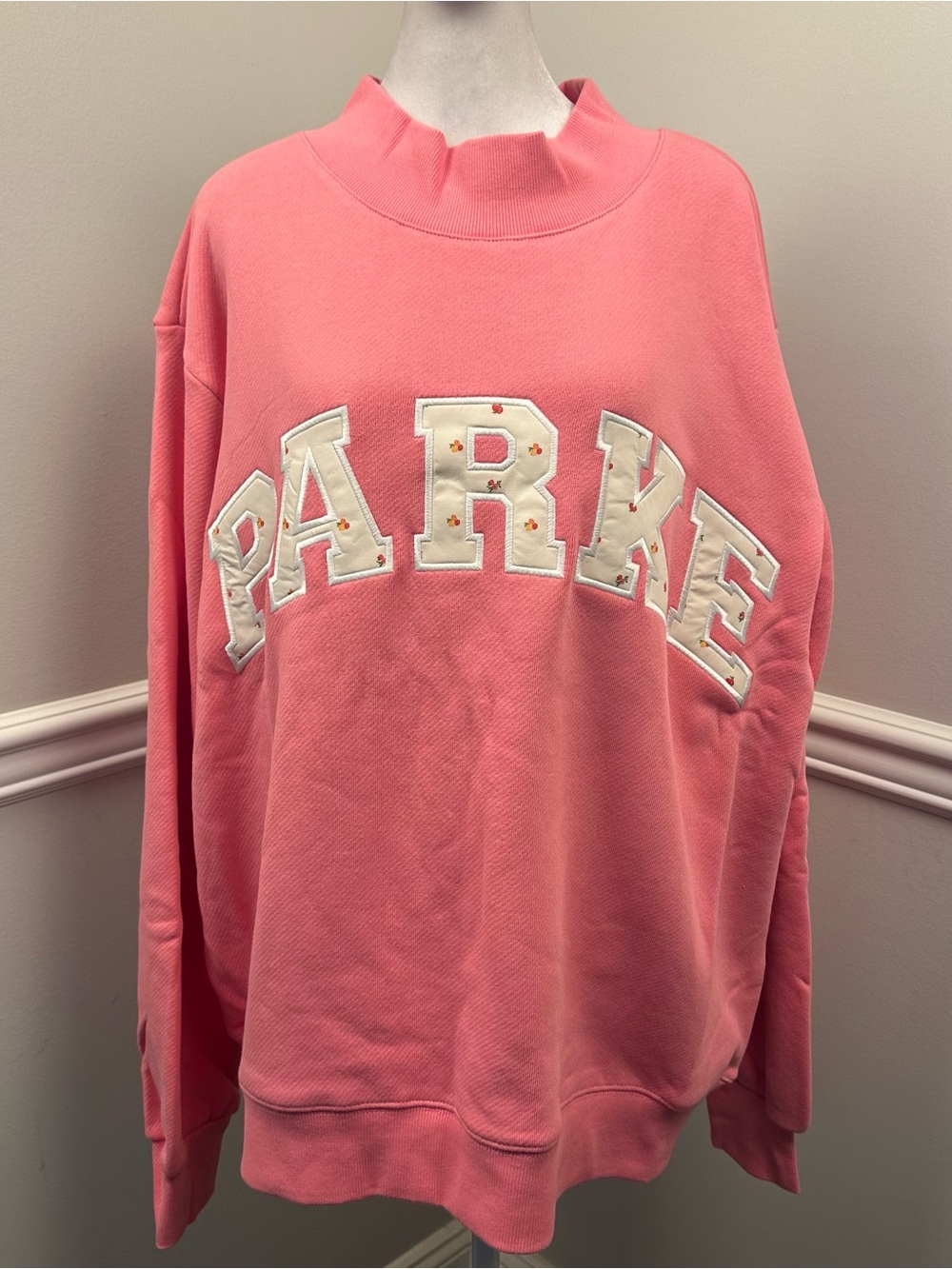 Parke Pink Pullover Mock neck Sweatshirt with Cream Lettering L/XL NEW
